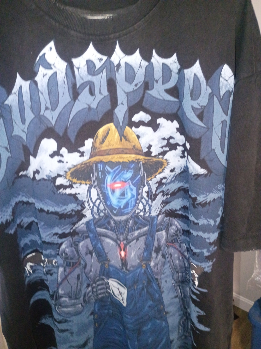 Black Graphic Short-Sleeve Tee with Blue Robot Farmer Print